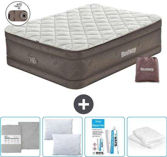 Matelas pneumatique Bestway avec accessoires : drap-housse, oreillers, kit de réparation et sac de rangement.