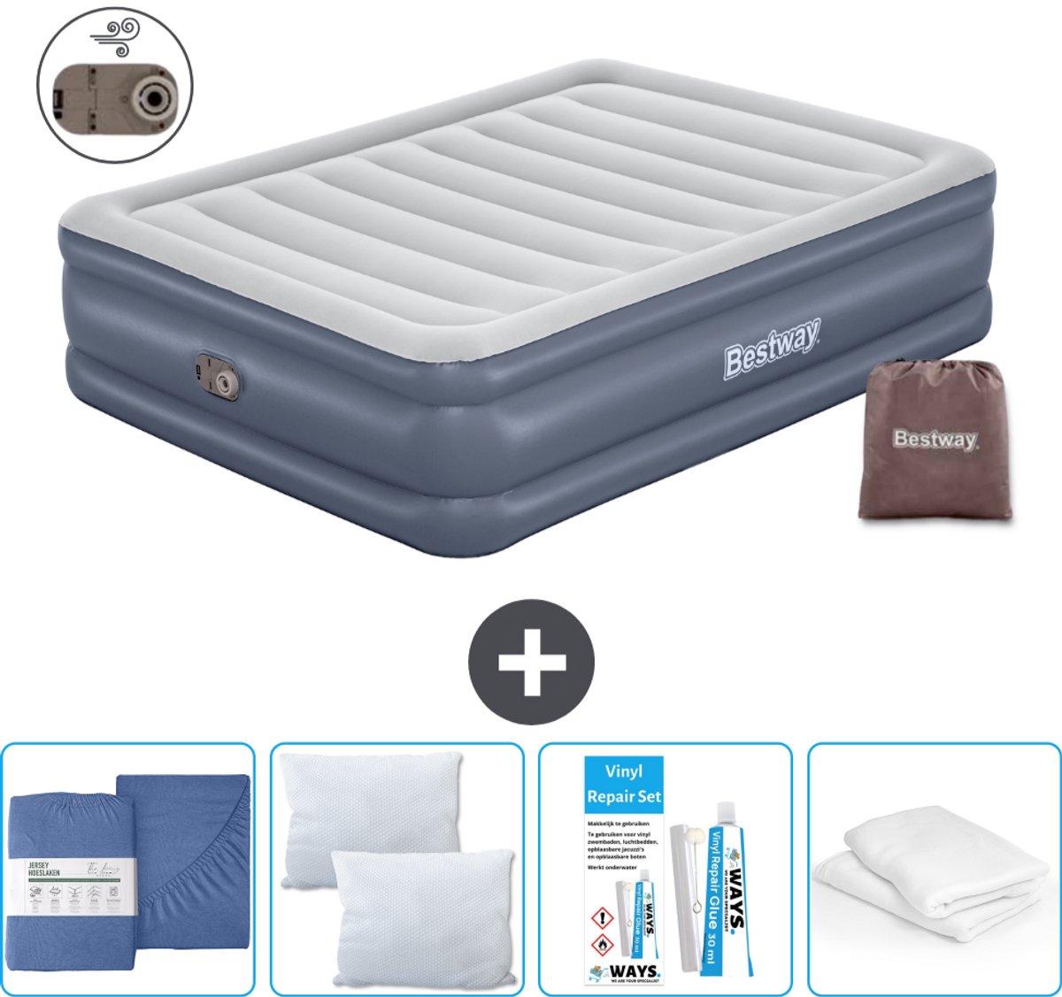 Bestway luchtbed - 2-Persoons - 152 x 203 x 51 cm - Grijs - Inclusief pomp - Hoeslaken - Kussen - Kussenbeschermer en Reparatieset