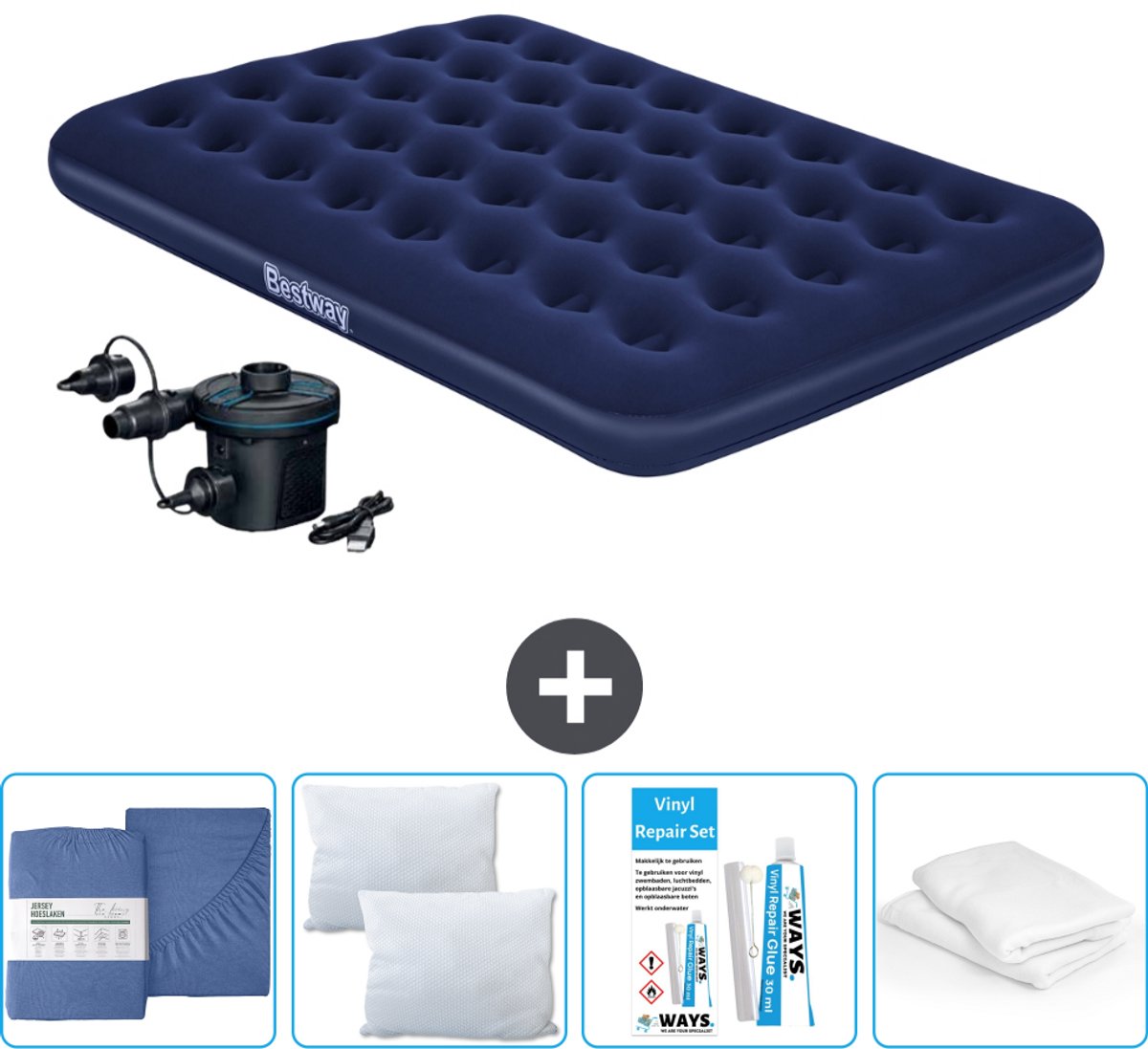 Bestway luchtbed - Twijfelaar - 137 x 191 x 22 cm - Blauw - Inclusief pomp - Hoeslaken - Kussen - Kussenbeschermer en Reparatieset