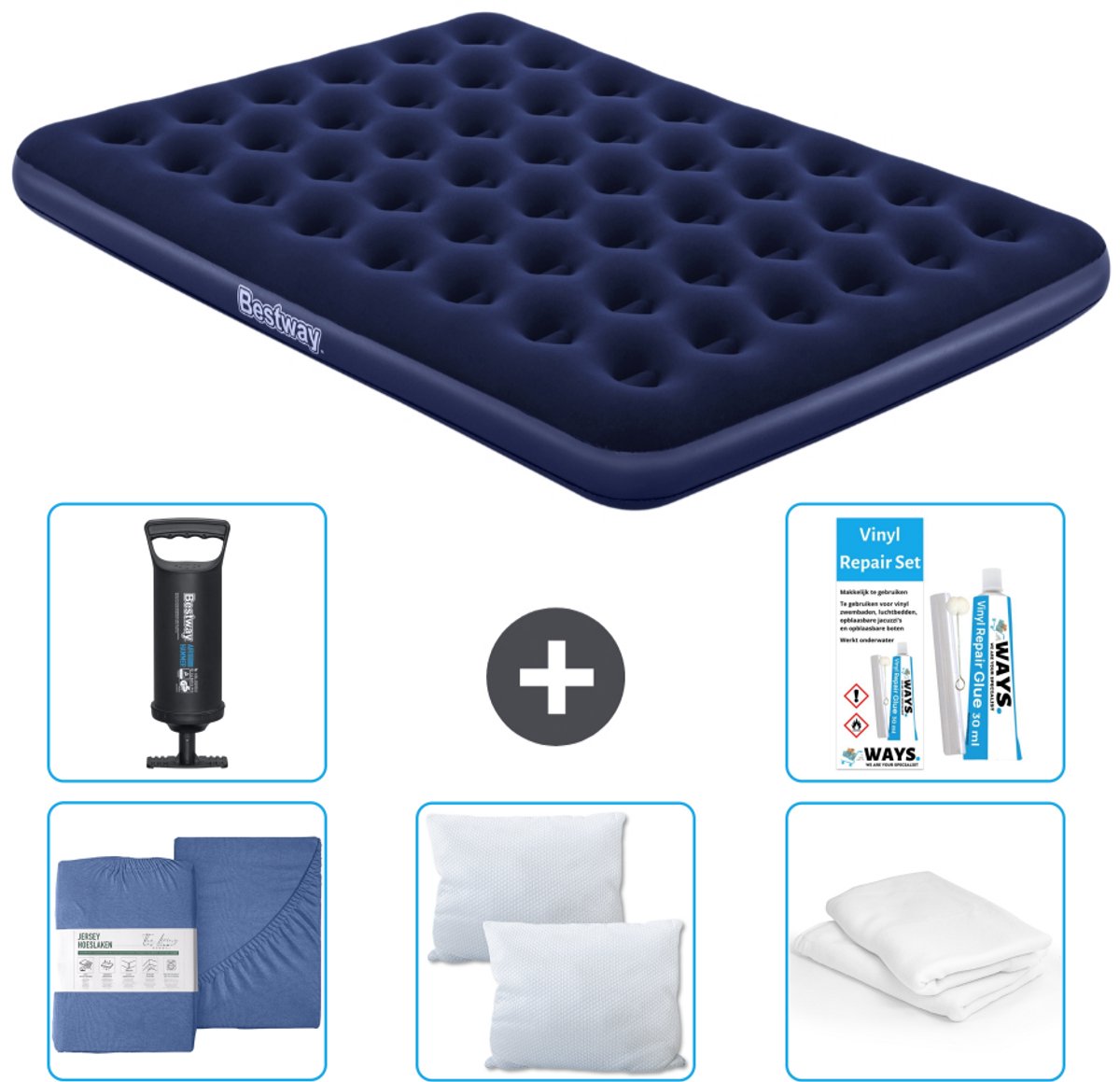 Bestway luchtbed - 2-Persoons - 152 x 203 x 22 cm - Blauw - Inclusief Hoeslaken - Kussen - Kussenbeschermer - Pomp en Reparatieset