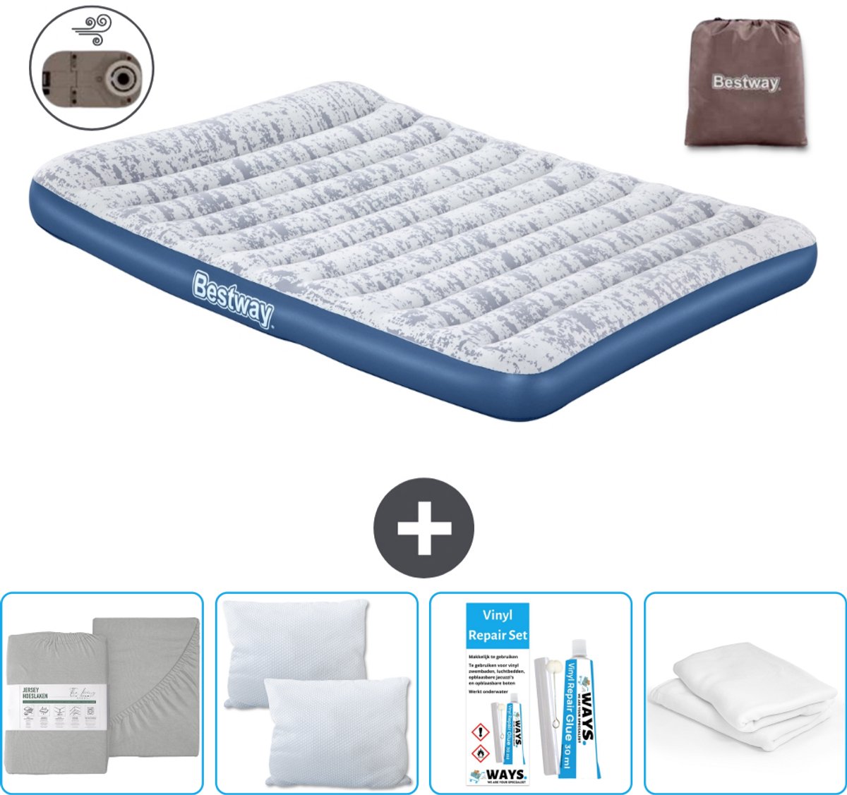 Bestway luchtbed - 2-Persoons - 152 x 203 x 30 cm - Blauw - Inclusief pomp - Hoeslaken - Kussen - Kussenbeschermer en Reparatieset
