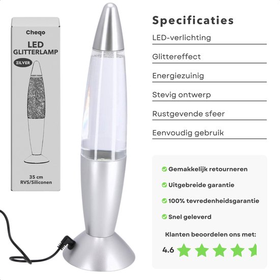 Cheqo® LED Glitterlamp - Glitter Lamp - Multicolor - Nachtlamp Kind - Sfeerverlichting 35 cm - Zilver — afbeelding 2