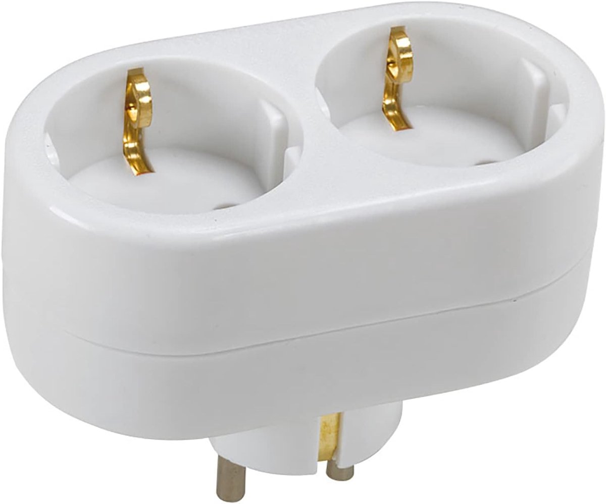 Stopcontactadapter - Dubbel stopcontact - Reizen en thuis - Met randaarde - 16 A 250 V - Wit