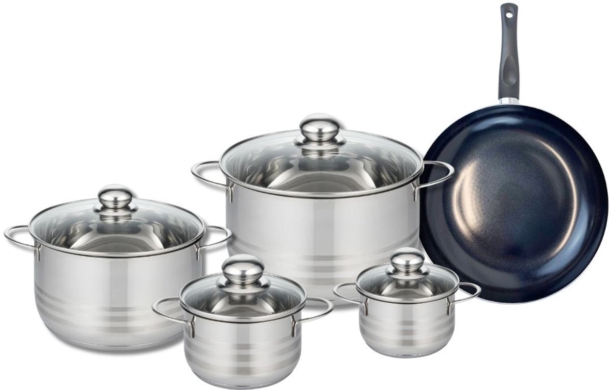 Set van 1 Koekenpan 24 cm en 4 kookpotten 12, 14, 20 en 24 cm Elo Prima Glanzend