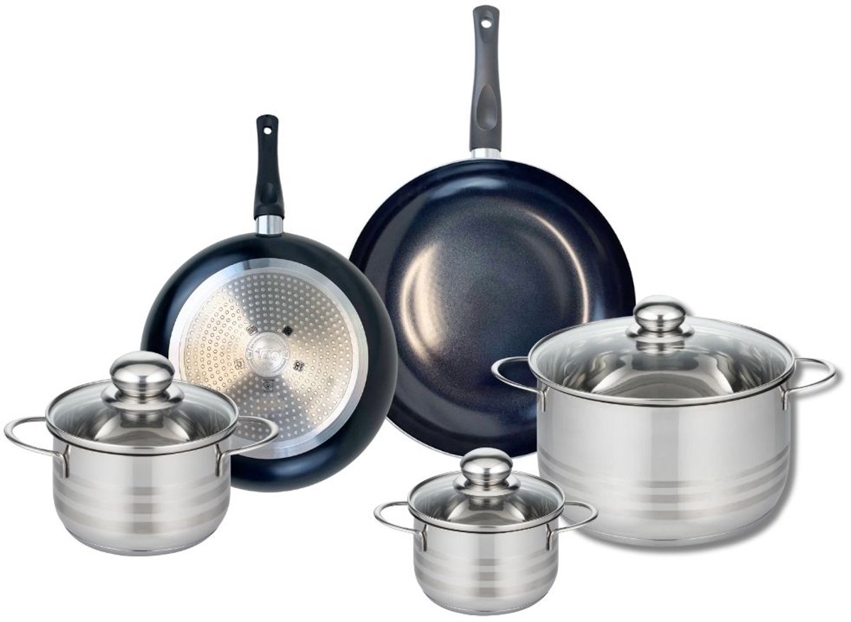 Set van 2 Koekenpannen 20 en 24 cm en 3 kookpotten 12, 14 en 24 cm Elo Prima Brillant