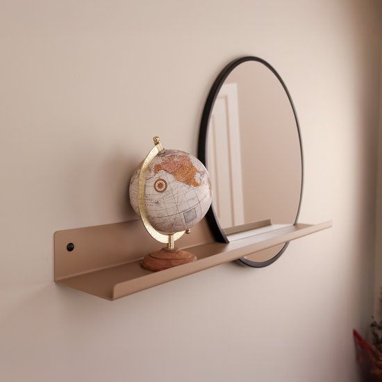 Homezone Retro witte ronde wandspiegel met houten zwevende