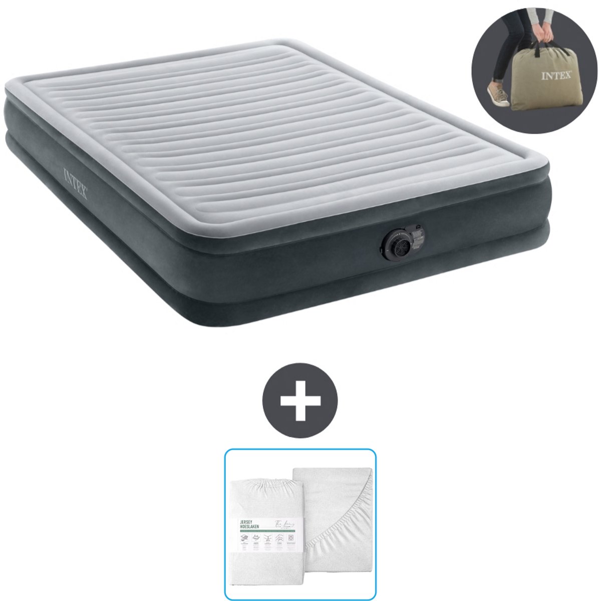 Intex Luchtbed - 2-Persoons - 152 x 203 x 33 cm - Grijs - Inclusief pomp en Hoeslaken