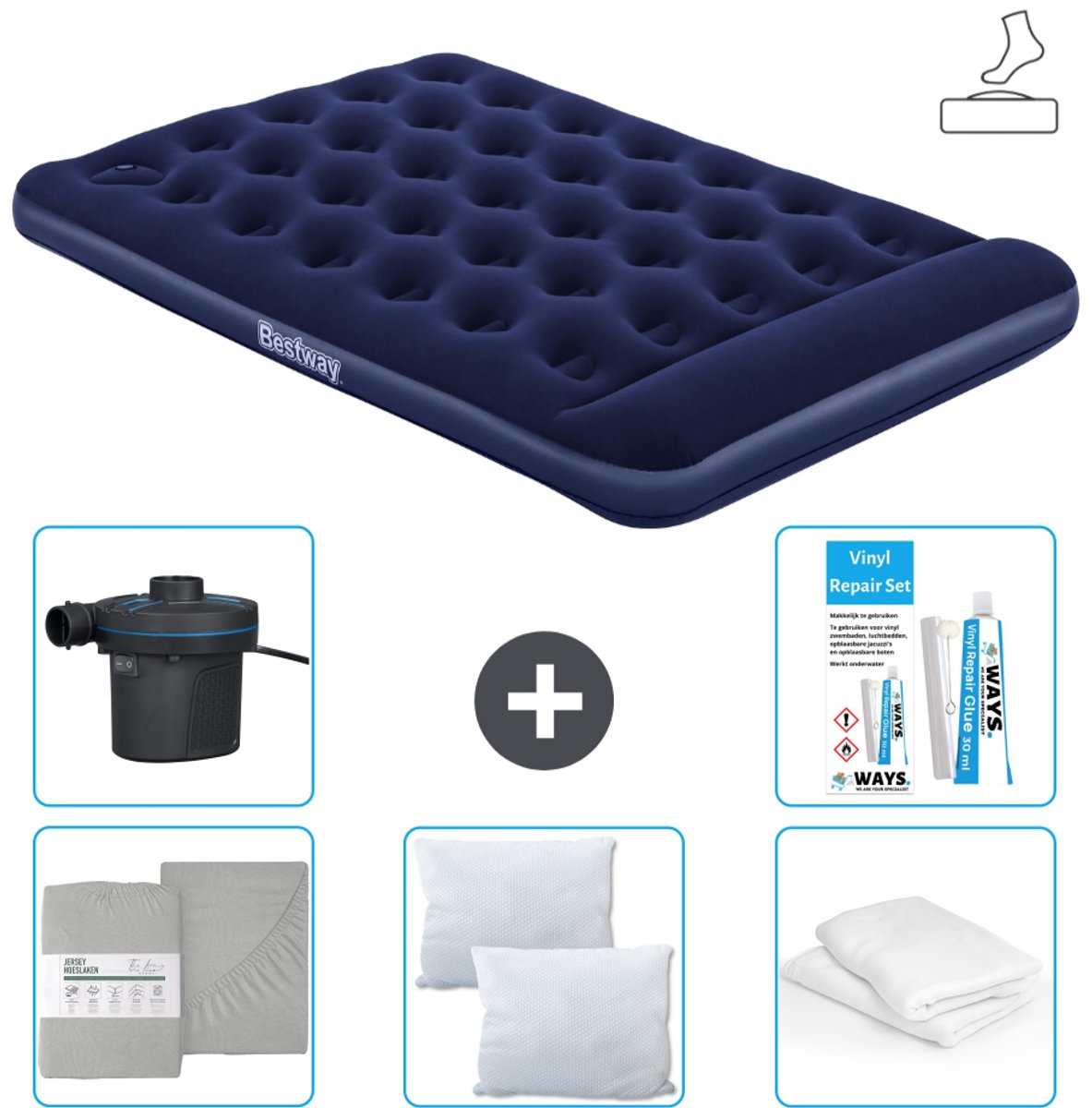 Bestway luchtbed - Twijfelaar - 137 x 191 x 28 cm - Blauw - Inclusief pomp - Hoeslaken - Kussen - Kussenbeschermer - Pomp en Reparatieset