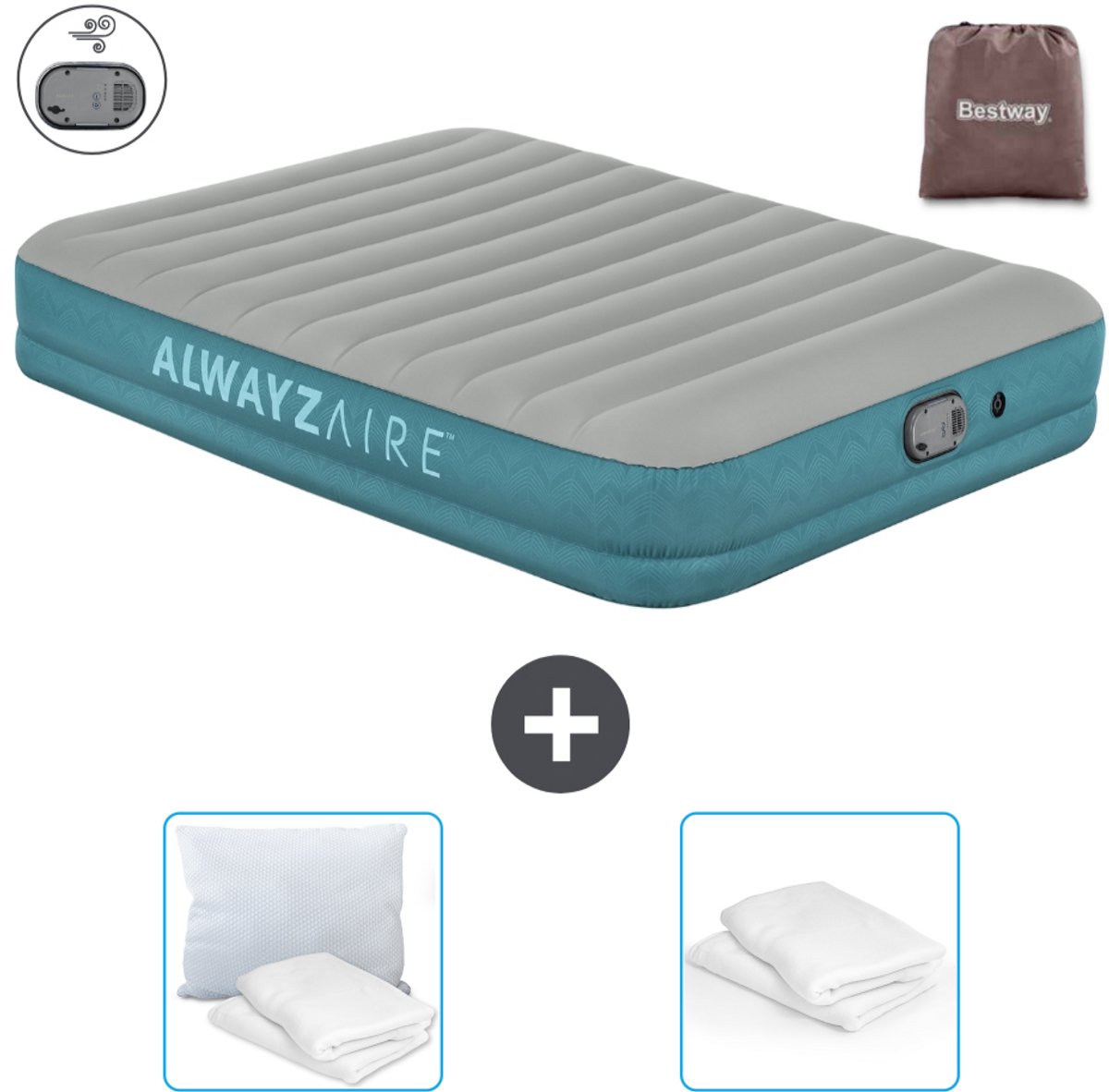 Bestway luchtbed Alwayszair - 2-Persoons -152 x 203 x 36 cm - Grijs/Blauw - Inclusief pomp - Kussen en Kussenbeschermer