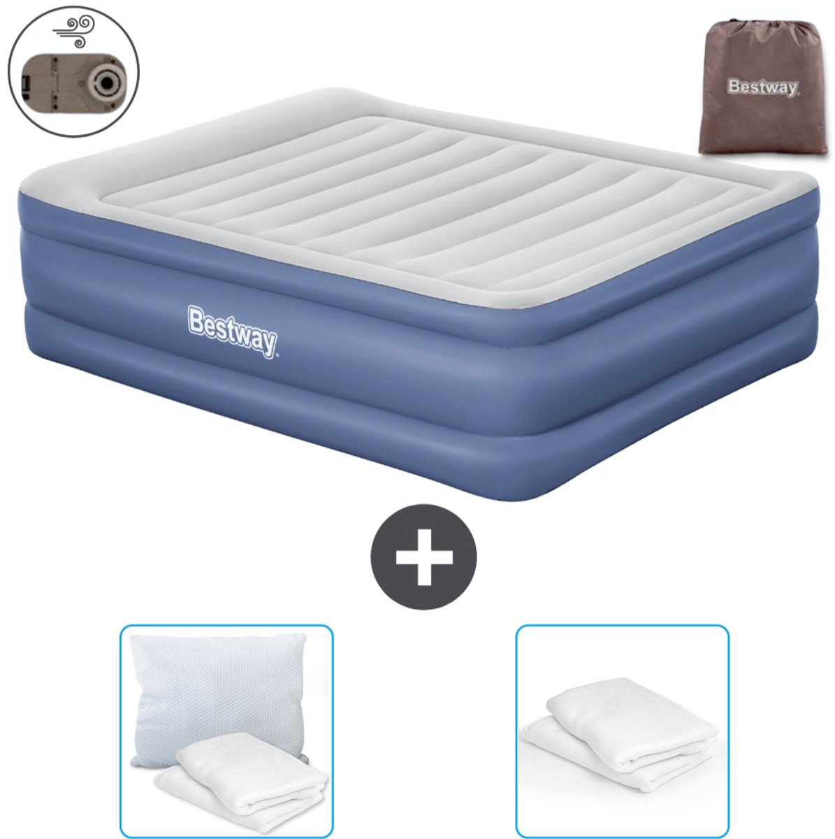Bestway luchtbed - 2-Persoons - 152 x 203 x 61 cm - Grijs/Blauw - Inclusief pomp - Kussen en Kussenbeschermer