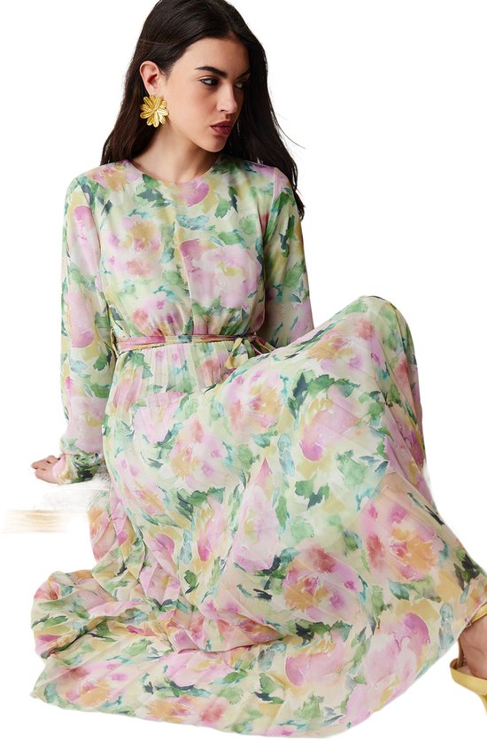 Trendyol Bruine Luipaardpatroon Riem Gedetailleerde Gevoerde Geplooide Chiffon Geweven Jurk Tctss24Eb00151