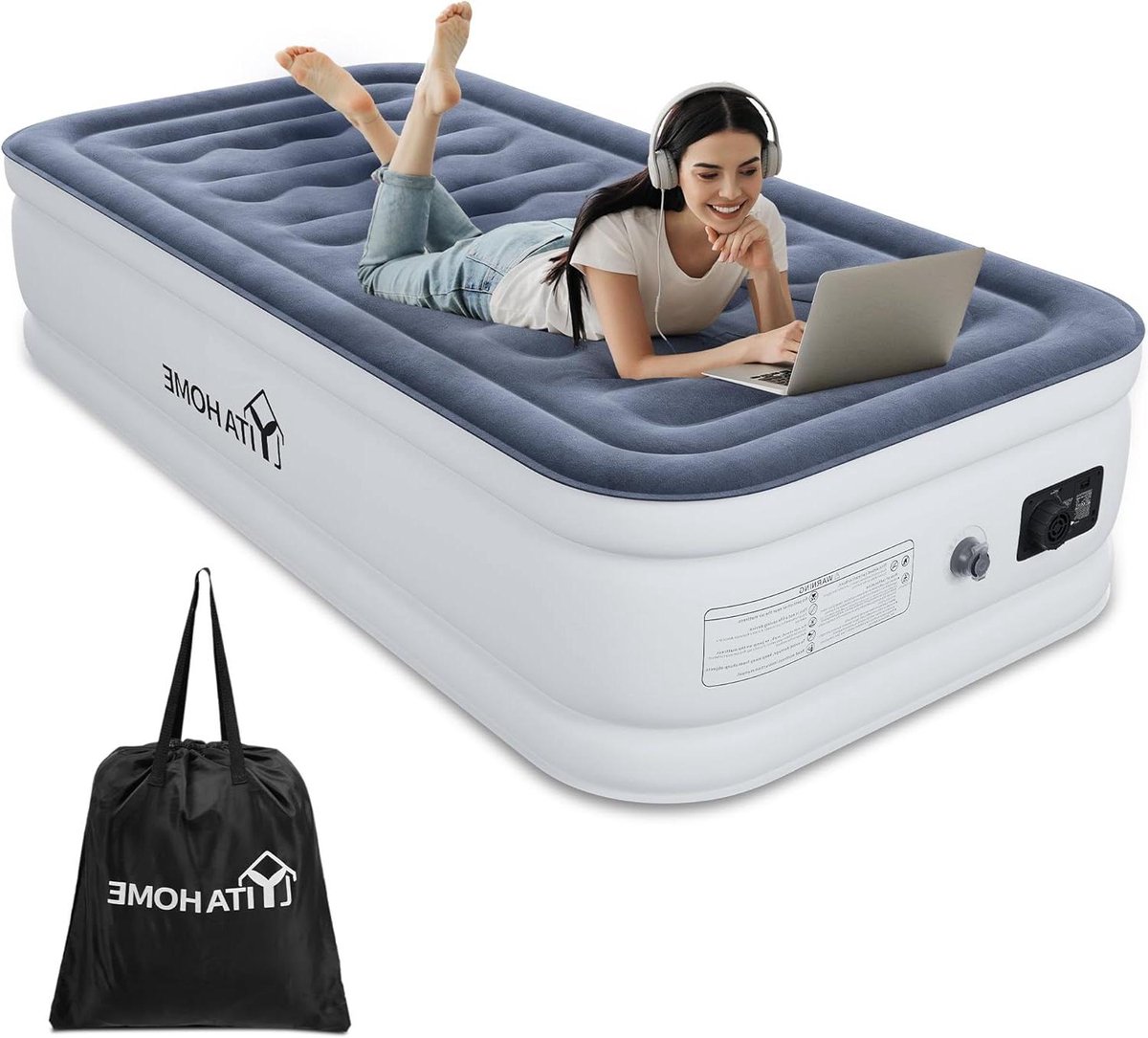 Zelfopblazend luchtbed met geïntegreerde elektrische pomp - Opblaasbaar matras voor logeerkamer/camping (Wit/Blauwgrijs) met opbergtas en reparatiepleisters
