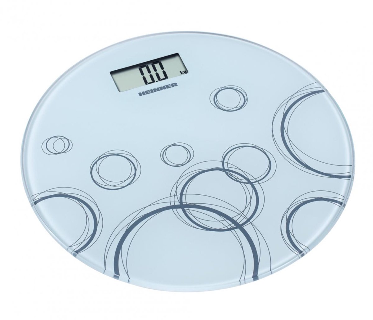 Heinner Digitale Personenweegschaal – Maximaal 150 kg – Rond Glazen Platform – LCD-display – Automatische In- en Uitschakeling – Overbelastingsindicator – Wit met Cirkelmotief