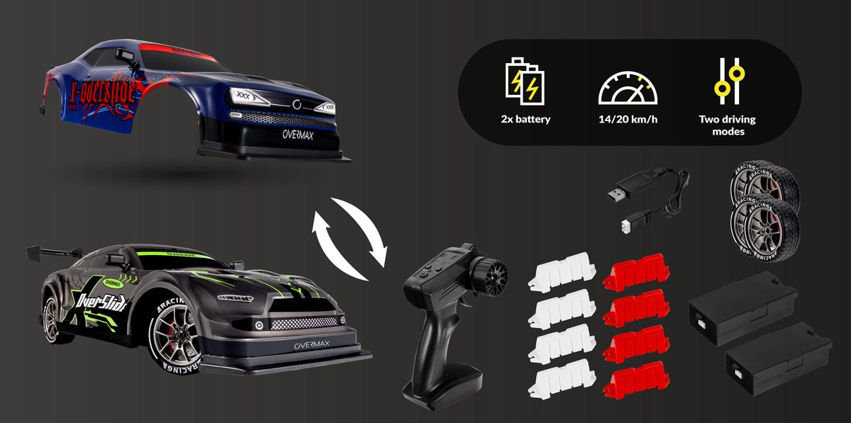 Overmax X-Overslide – Bestuurbare Auto 2in1: DRIFT & Race – 20 km/h – 2 Snelheidsstanden – 2 Batterijen – 40min Speeltijd – 2 Carrosserieën – 2 Wielensets – LED Onderverlichting – Obstakelset – Gecodeerde Besturing – RC Auto — afbeelding 7