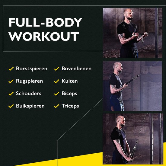 Afbeeldingen van een man die een full-body workout uitvoert met het kabelsysteem, gericht op borst, rug, schouders, buik, benen, kuiten, biceps en triceps.