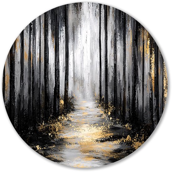 Mysterieus bos met gouden details - Bos rond schilderij - Wandschaal bomen - Abstract expressionisme - Moderne metalen muurcirkels - Kunstwerken schilderij - muurcirkel aluminium 60x60 cm