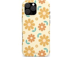 Casetastic hoesje geschikt voor Apple iPhone 16 Pro Max - MagSafe - Dubbellaagse bescherming - Flower power Retro Bloemen - Geel - Oranje - Blauw - Fashion Case - Crème Goud Perzik