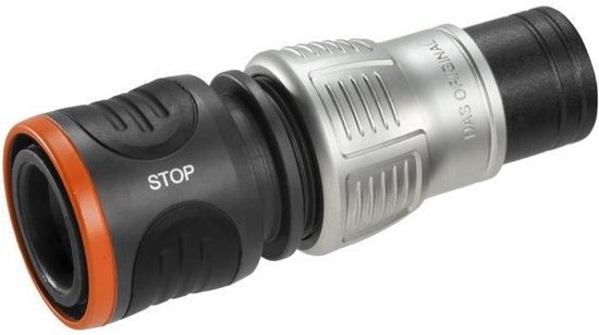 GARDENA waterstop met oranje rand, zwarte knoppen en zilverkleurige koppeling.