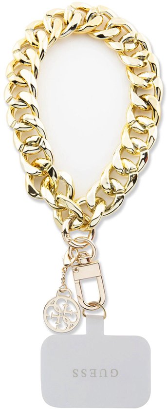 Bracelet chaîne à maillons dorés avec breloque logo Guess et patch universel pour téléphone noir.