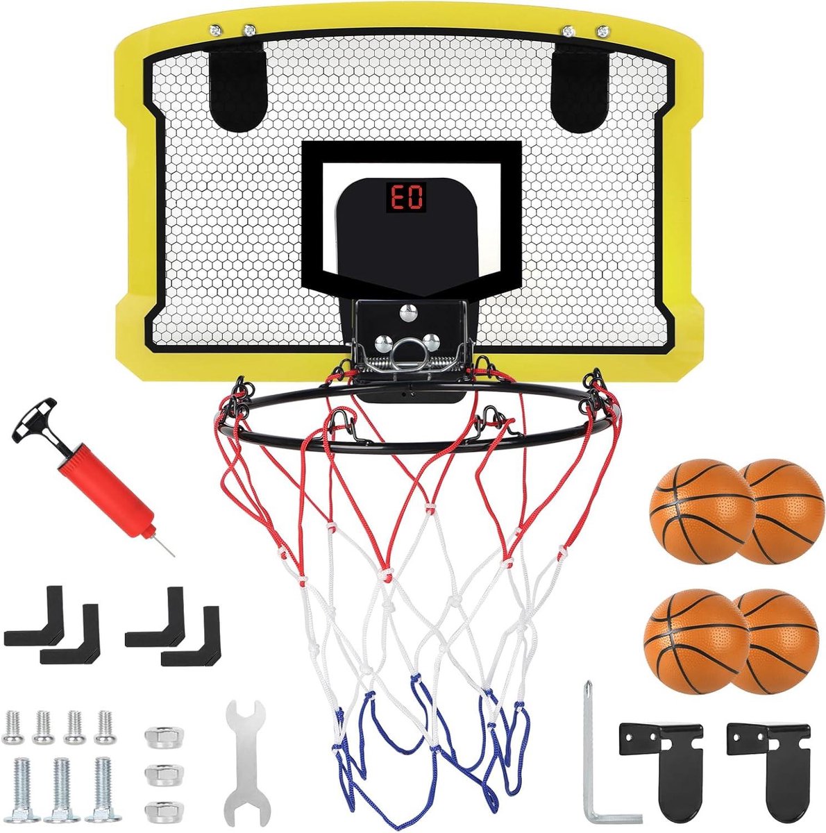 Mini basketbalkorf met elektronisch displaybord - indoor hoep voor kinderen met 4 ballen - geel