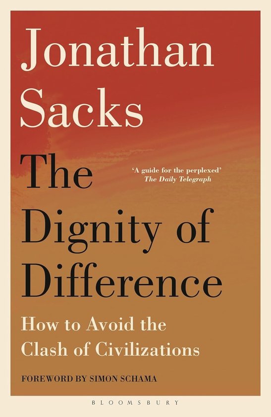 Boek 'The Dignity of Difference' van Jonathan Sacks, met een oranje en rode achtergrond.