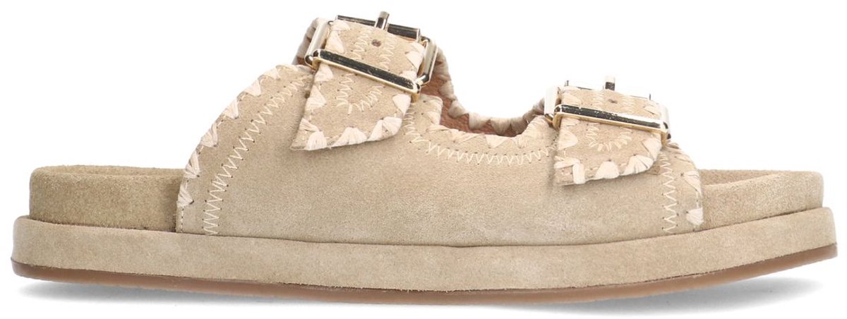 Manfield - Dames - Beige suède slippers met witte details - Maat 37