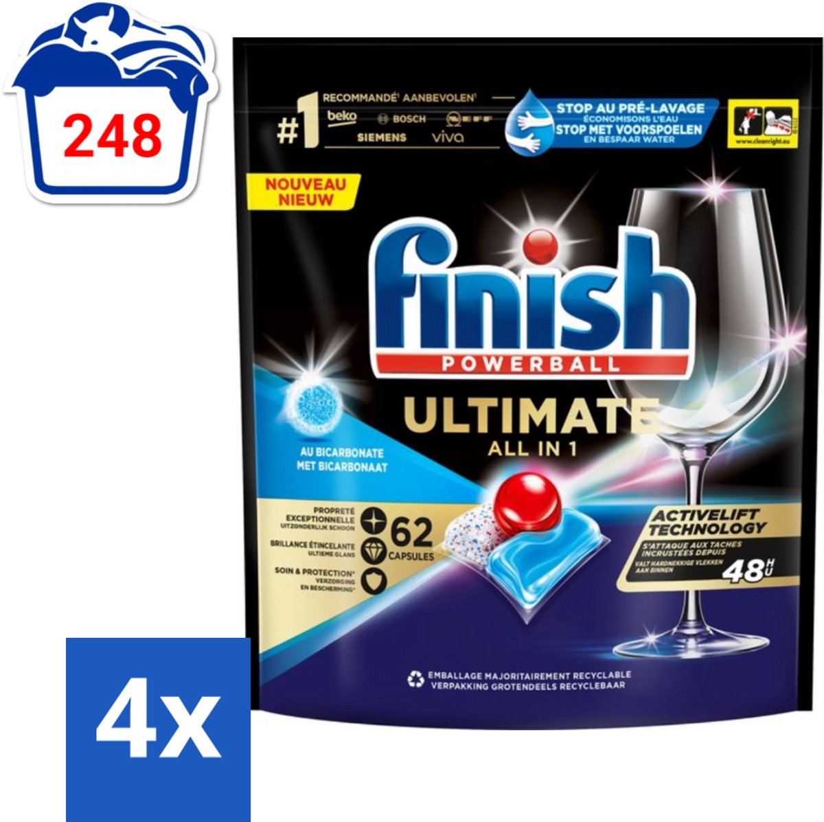 Finish Powerball - Ultimate All in One - Vaatwastabletten - Met Bicarbonaat - 62 Capsules - Voordeelverpakking - 4 stuks