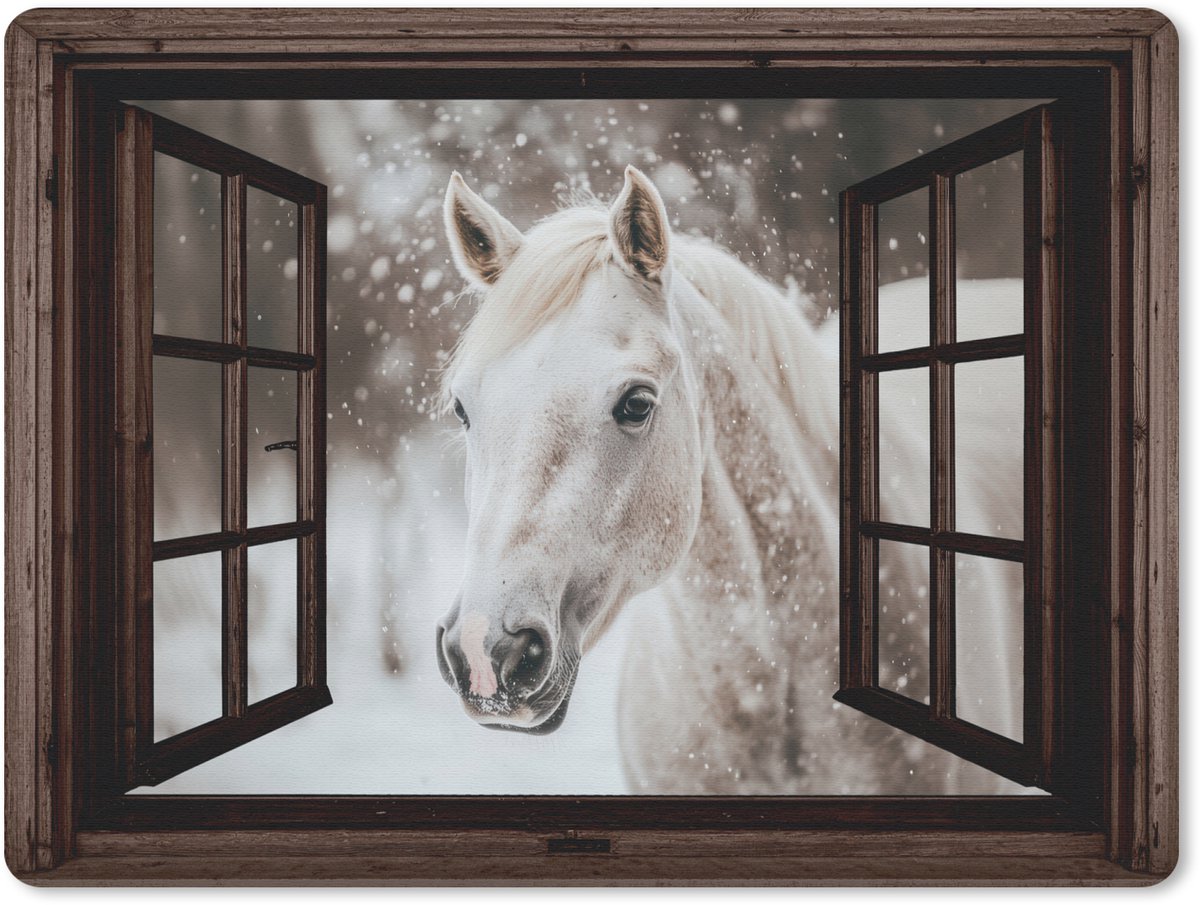Muismat 23x19 cm - Mousepad Doorkijk - Paard - Wit - Winterlandschap - Sneeuw - Muismatten