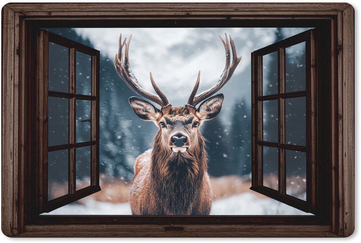 Muismat XXL 120x80 cm - Bureau onderlegger - Bureau mat Doorkijk - Hert - Dieren - Landschap - Winter - Sneeuw - Landelijk - Bureaumat - Gaming mousepad xl - Bureaulegger groot - Computer deskmat