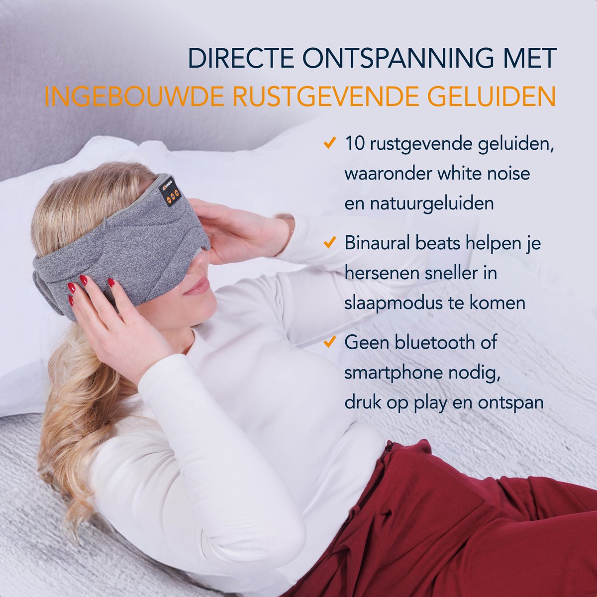 Slowwave Premium Bluetooth Slaapmasker - White Noise Versie (10 ingebouwde relax-geluiden) - Kleur: grijs - Met Binaural Beats - 100% verduisterend - Inclusief handige timer-functie - Koel en ademend - Platte 'spons speakers' voor zijslapers — afbeelding 4