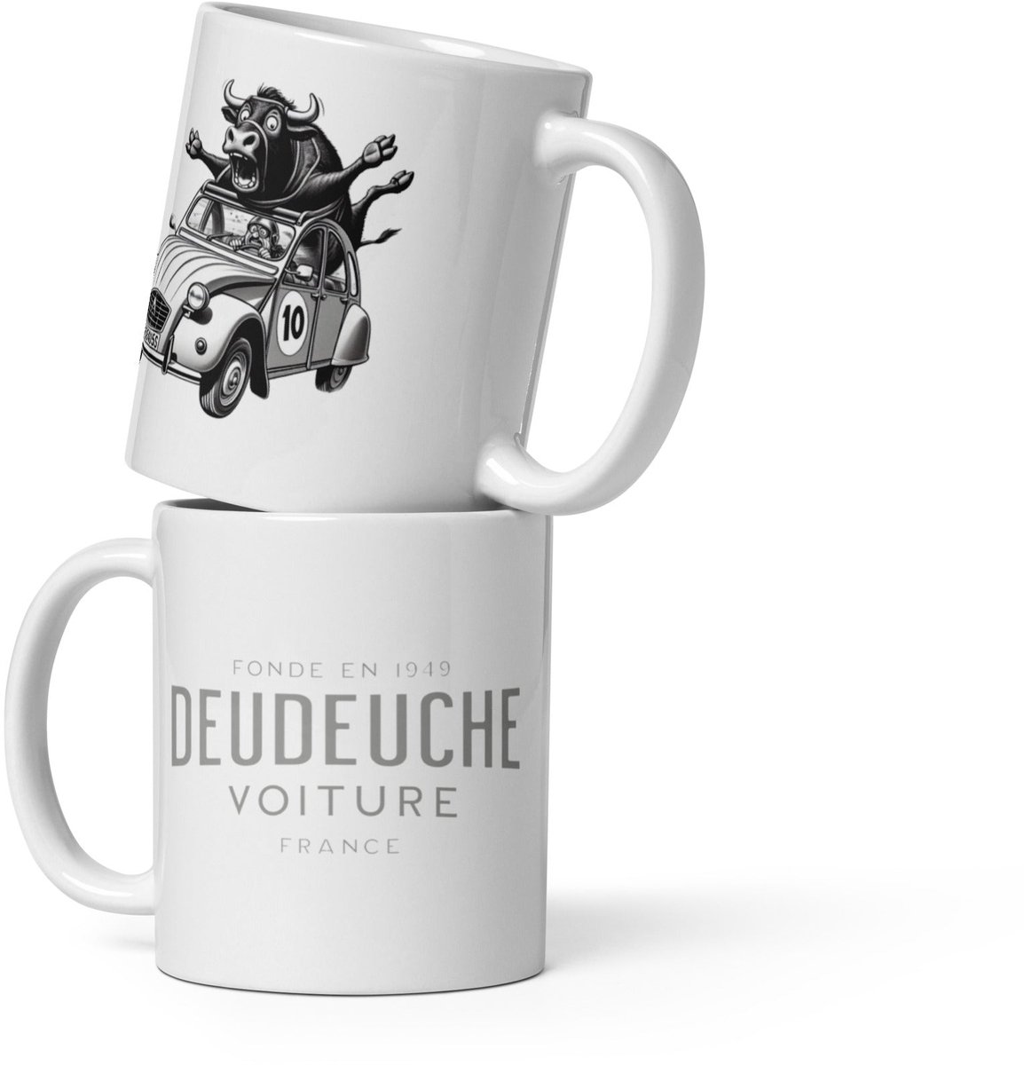 De2pktjes - Witte glanzende mok Citroën 2CV met Stier | Franse Humor & Retro Vibes - 300 ml