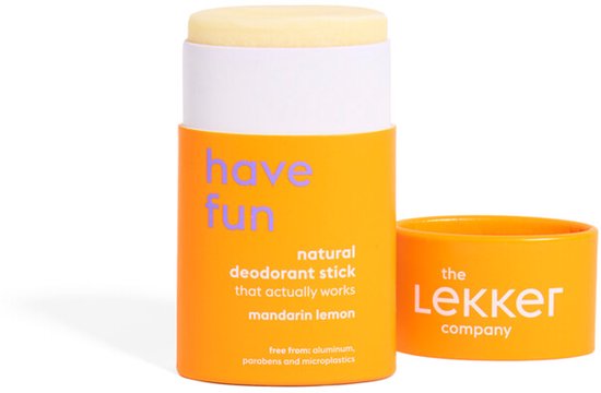 Open oranje container met mandarijn & citroen deodorant stick met witte dop, "have fun" opdruk.