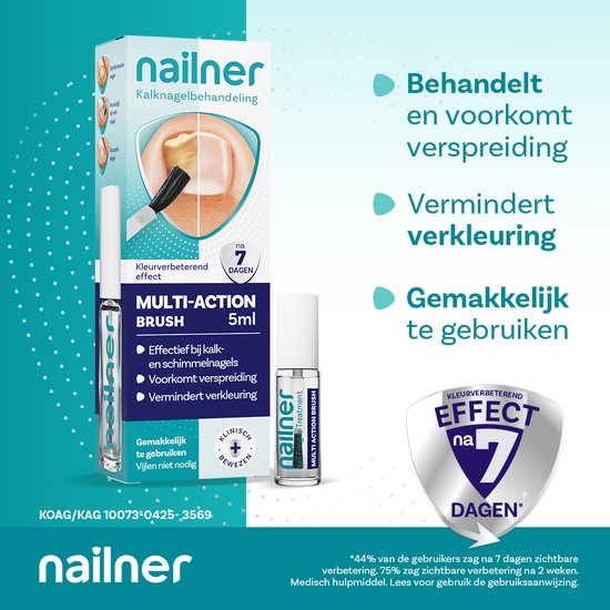Nailner Kalknagelkwastje Multi-Action 5 ml met kleurverbeterend effect - Kalknagelbehandeling voor Kalk en Schimmelnagel, Medische hulpmiddelen om Kalknagels te behandelen en voorkomen, effect binnen 1 week, zonder te vijlen, voor dagelijks gebruik