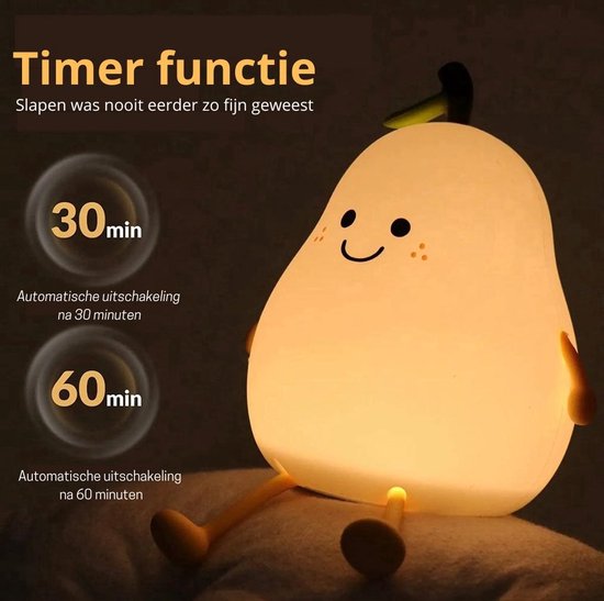 Kinder nachtlampje - Timer - veilig voor kinderen - USB oplaadbaar - LED - Peer - RGB kleuren - Dimbaar van Merkloos — afbeelding 2