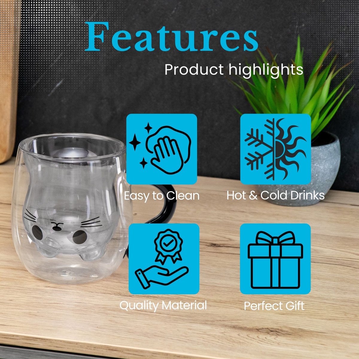 Intirilife 6x thermo glas dubbelwandig met kat design in zwart - 200ml inhoud - geïsoleerde glazen mok hittebestendig voor koude en warme dranken koffie kop thee kop drinkglas — cadeau in Koken & Dineren - foto 2