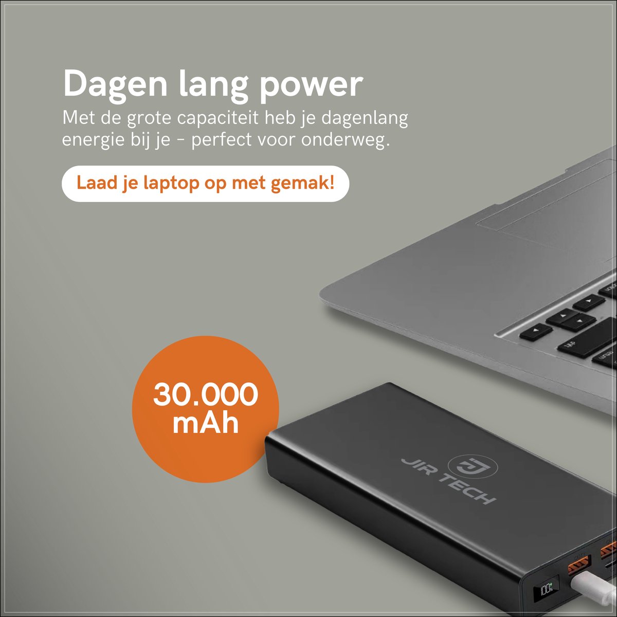 Afbeelding 3 van JIR Tech® - Powerbank 30000 mAh - 100W Snelladen & Geschikt voor Laptops - Speedcharging - 2 USB- en 2 USB-C-poorten - Metaal - Led indicator - Noodpakket - Compact & Krachtig - Externe batterij - 10 laadbeurten - Voor GSM's & Tablets