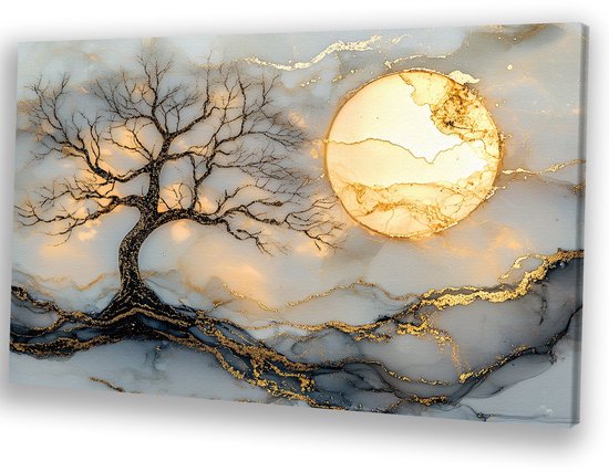 Boom met zon en marmer - Boom schilderij op canvas - Muurkunst zon - Surrealistisch - Muurdecoratie landelijk - Slaapkamer decoratie - canvas 45x30 cm