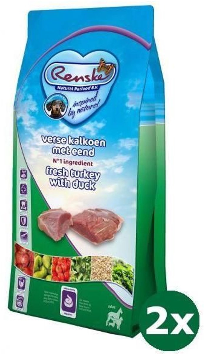 2x2 kg Renske super premium adult kalkoen / eend hondenvoer