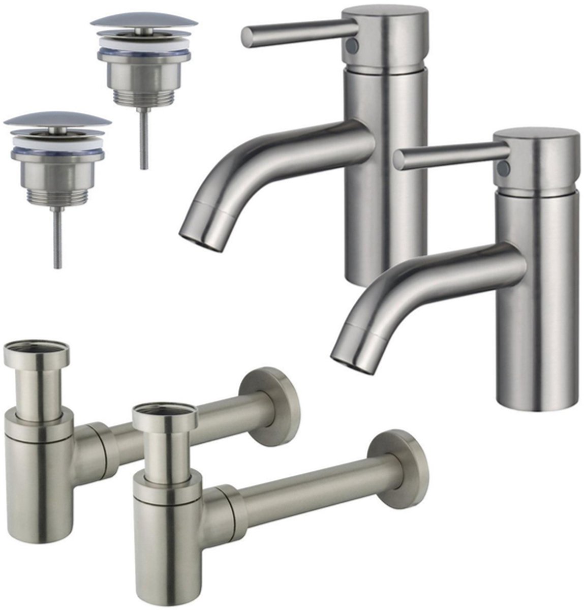 FugaFlow Eccelente Sobrado Badkamer Wastafelkraanset - voor dubbele wastafel - lage wastafelkraan - always open plug - verlaagde design sifon - PVD Geborsteld RVS