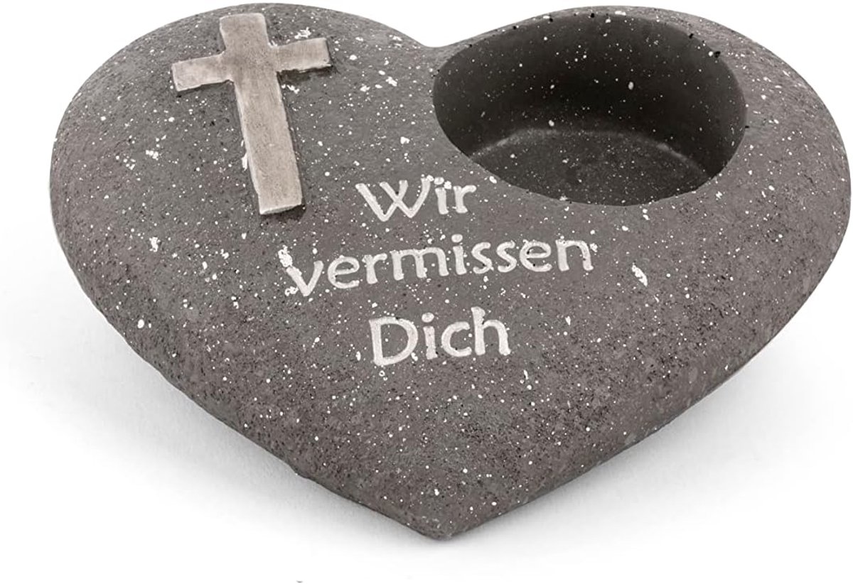 Grafdecoratie hart antraciet met kruis spreuk We missen je grafdecoratie grafhart weerbestendig grafdecoratie gedenksteen theelichthouder rouwsteen