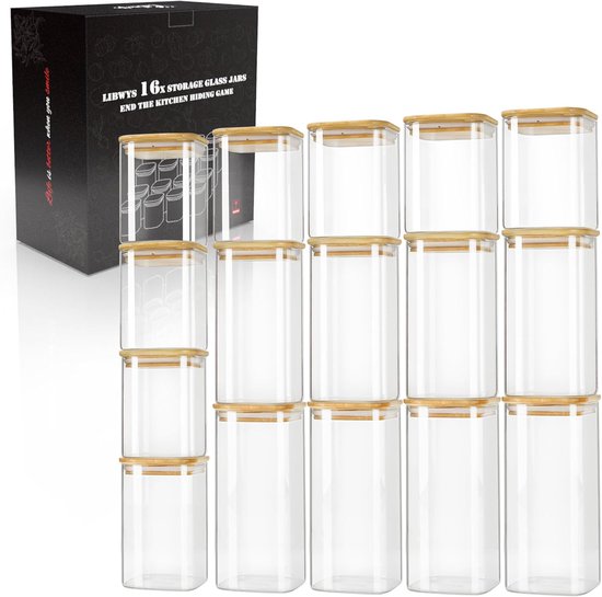 Libwys Set of 8 Storage Jars with Bamboo Lids, Square Glass Storage Jars - in 2 Sizes: 1000 ml, 600 ml
