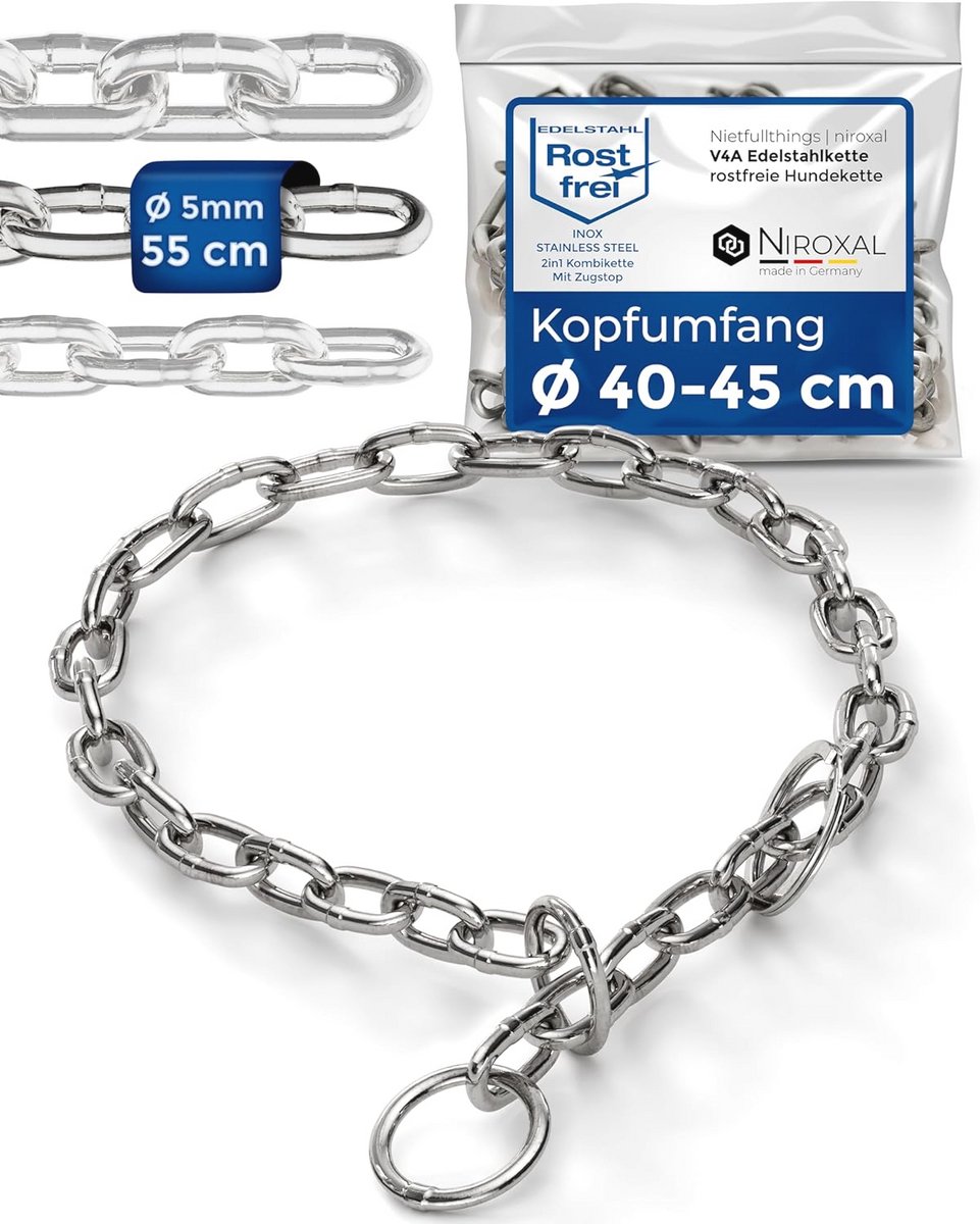 Kettinghalsband voor hondentraining met trekstop - Roestvrij staal, 5 mm dik, 55 cm