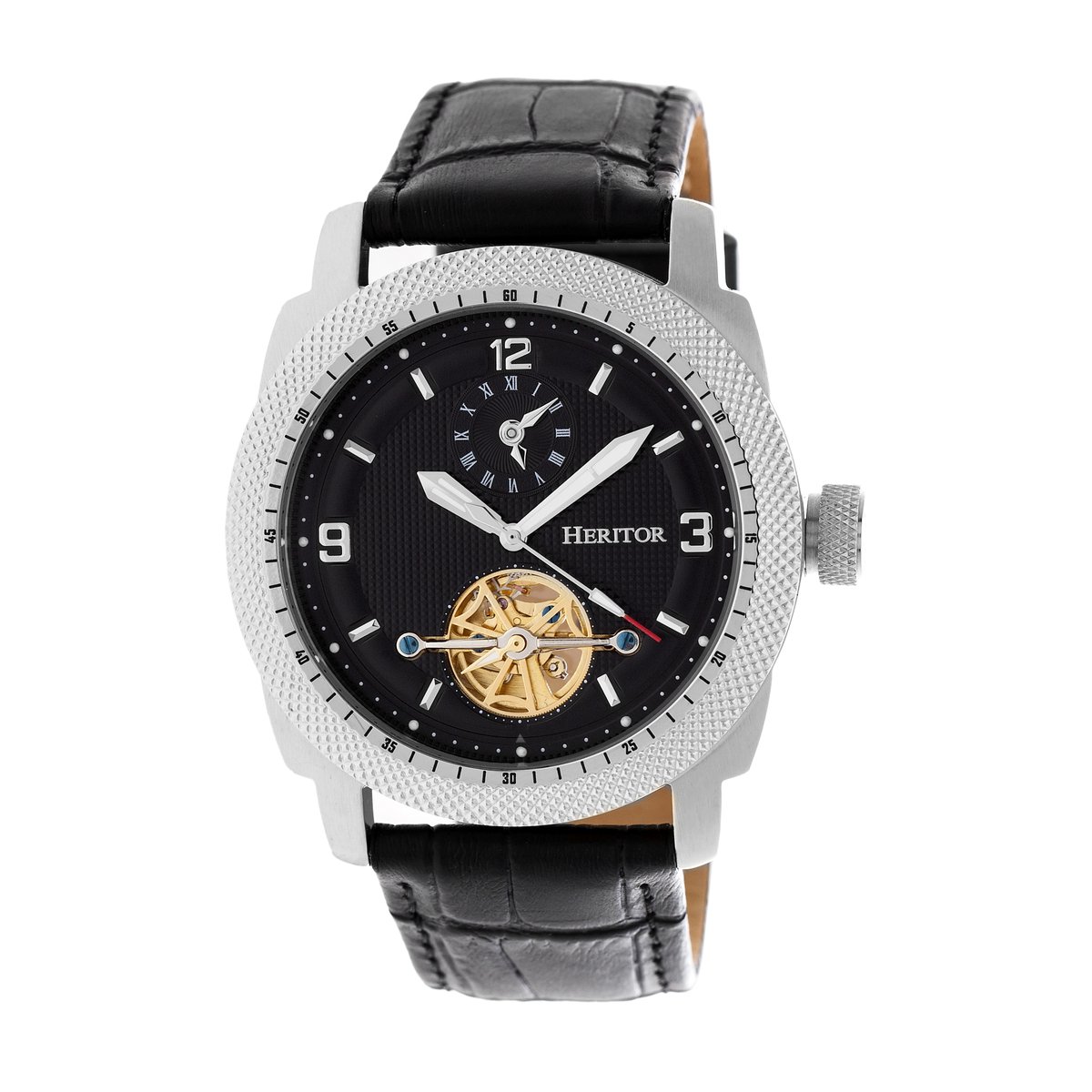 Heritor Automatic Helmsley Semi-Skelet leren band horloge - Zilver-Zwart