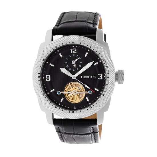 Heritor Automatic Helmsley Semi-Skelet leren band horloge - Zilver/Zwart