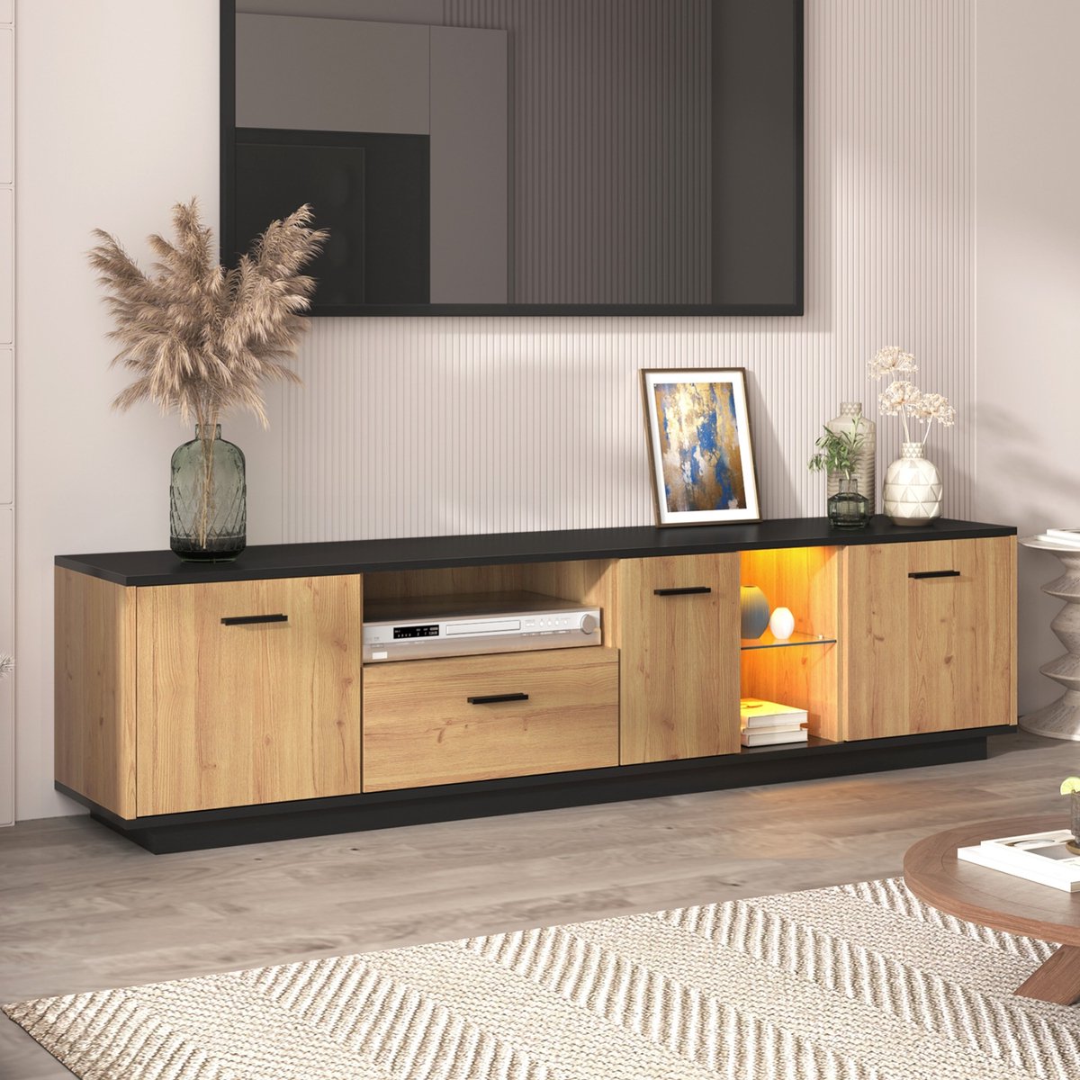 Sweiko TV kast, met één lade, drie deuren, twee open compartimenten met glazen TV meubels, 15-kleur LED verlichting, TV bord, TV lowboard fijne structuur, Zwart en natuurlijke houtkleuren