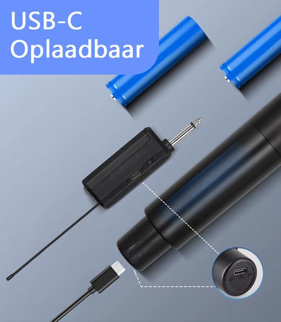 Microfoon ontvanger is USB-C oplaadbaar, met USB-C oplaadkabel en batterijen.
