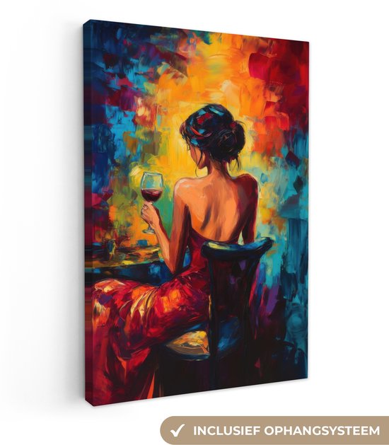 Canvas schilderij 60x90 cm - Exclusieve wanddecoratie Wijn - Vrouw - Sfeervol - Kleurrijk - Muurdecoratie woonkamer - Slaapkamer decoratie - Kamer accessoires - Schilderijen op canvas