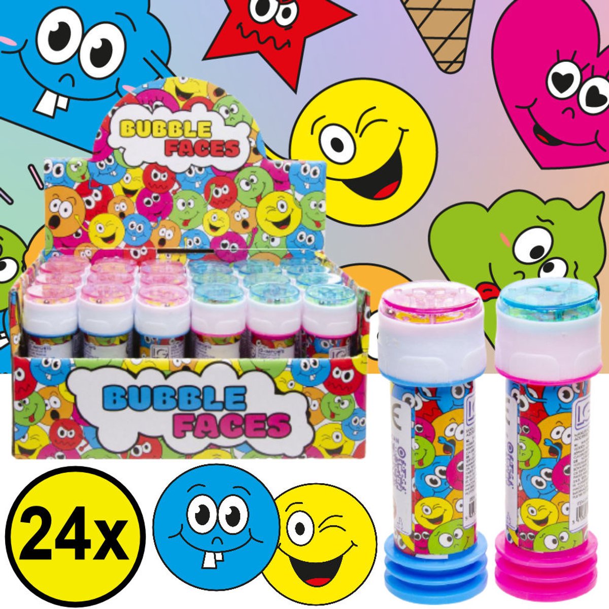 Decopatent 24 STUKS Vrolijke Smiley Bellenblaas - Uitdeelcadeaus - Belleblaas - Traktatie Uitdeelcadeautjes voor kinderen - Grabbelton - School - Kinderfeestje - Klein Speelgoed Trakteren - Grabbelton Traktaties Cadeautjes