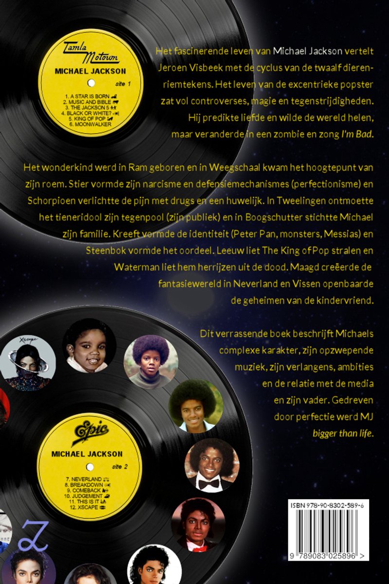 Boekomslag met Michael Jackson als kind en volwassene, op de achtergrond platenhoezen.
