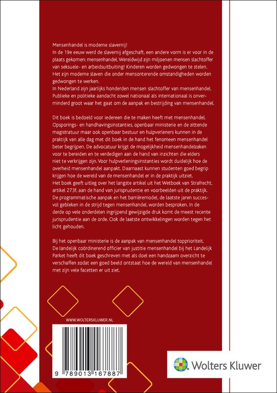 Boekomslag met tekst over mensenhandel en een barcode.